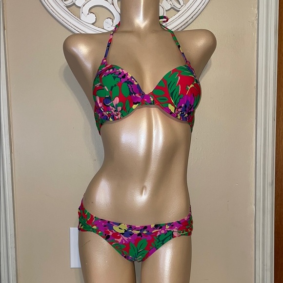 Aerie women’s bikini 34c medium top halter underwire bottom red floral - Picture 1 of 11